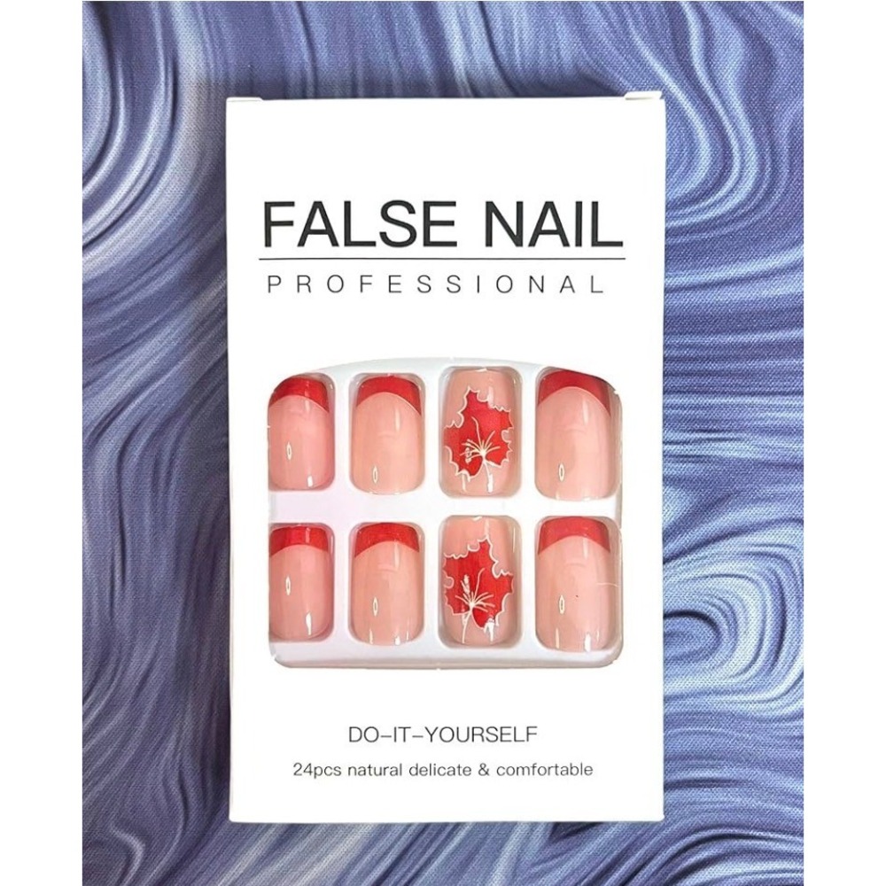 Professional 24pc False Nail Kit Red French Tip Maple Leaf Press On Nails DIY
